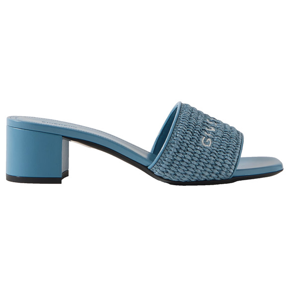 Givenchy 4G Denim Blue Raffia Logo Leather Slide On Mule Block Heel Sandal 39.5 - Picture 1 of 15